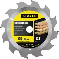 Пильный диск "Construct line" для древесины с гвоздями, 190x20, 12Т, STAYER 3683-190-20-12