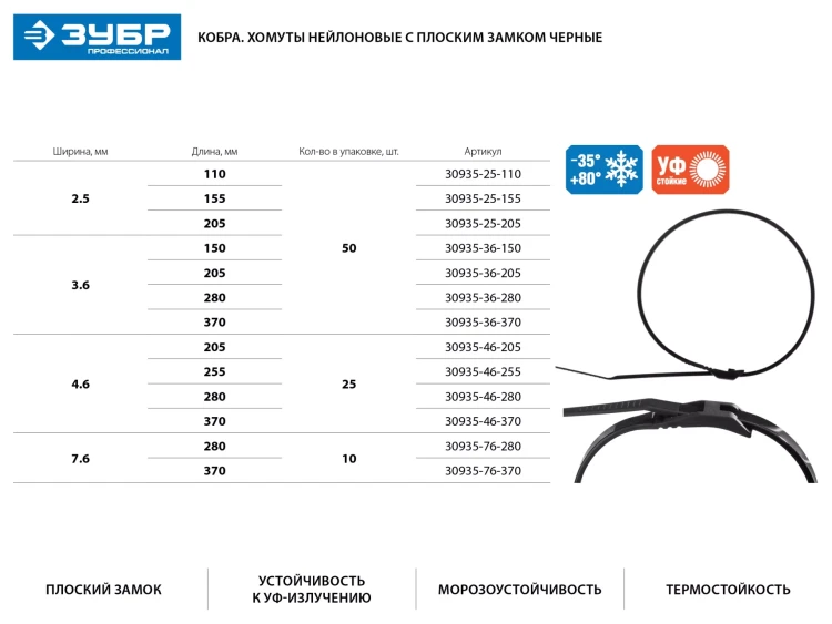 Кабельные стяжки черные КОБРА, с плоским замком, 7.6 х 370 мм, 10 шт, нейлоновые, ЗУБР 30935-76-370 купить в Новом Уренгое