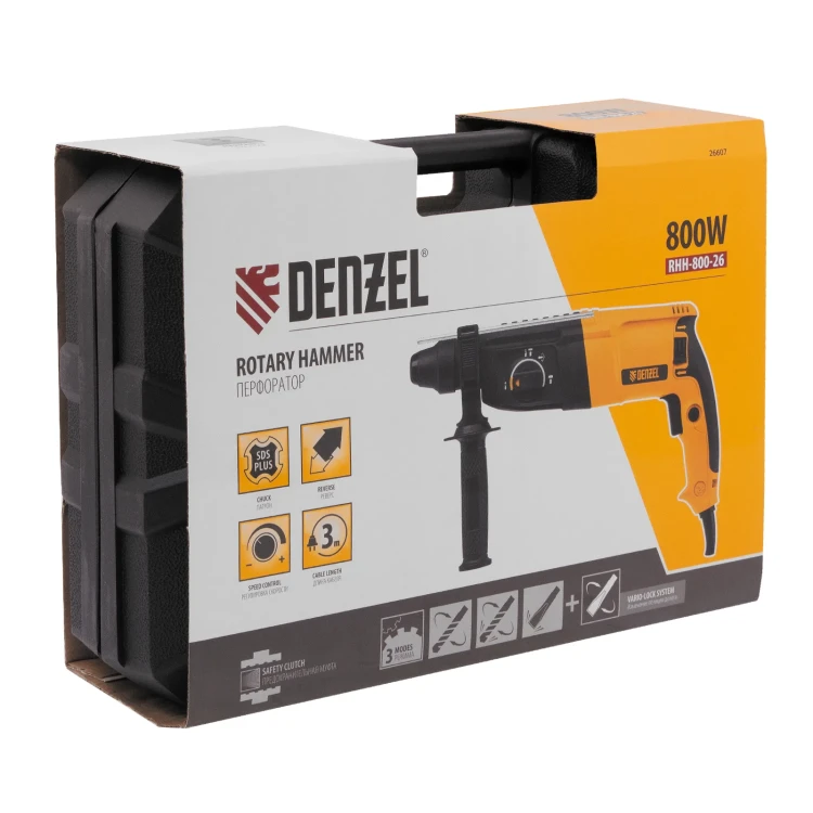 Перфоратор электрический RHH-800-26  SDS-plus 800 Вт 3 Дж  3 плюс 1 режим Denzel 26607 купить в Новом Уренгое
