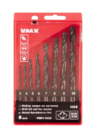 Набор сверл для металла HSS Ф3-10 мм 8 штук пластиковый футляр VMX 511622 купить в Новом Уренгое