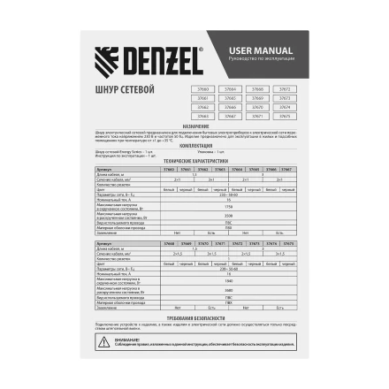 Шнур сетевой Denzel Energy Series, ПВС, 3 м, 2 x 1,5 мм, с неразборной вилкой, белый, 3 м, 37672 купить в Новом Уренгое