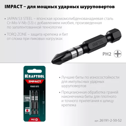 Биты для ударных шуруповертов KRAFTOOL Impact Pro PH 26191-2-50-S2 купить в Новом Уренгое