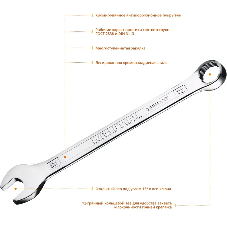 Ключи комбинированные KRAFTOOL, Cr-V, DIN 3113 27079-17 купить в Новом Уренгое