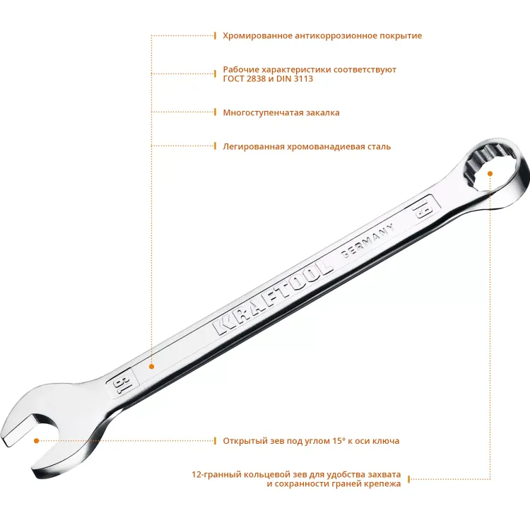 Ключи комбинированные KRAFTOOL, Cr-V, DIN 3113 27079-19 купить в Новом Уренгое