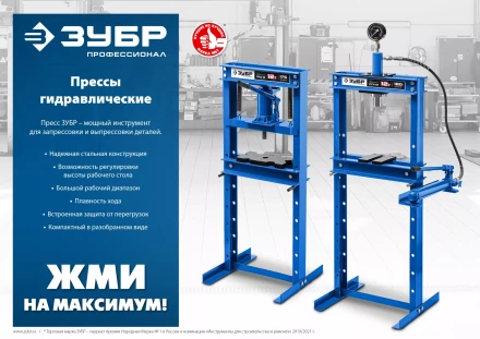 ЗУБР ПГН-12, 12 т, гидравлический пресс с гидронасосом и манометром, Профессионал (43072-12) купить в Новом Уренгое