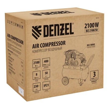 Компрессор воздушный рем. привод Denzel BCI 2100/50, 2,1 кВт, 50 литров, 400 л/мин купить в Новом Уренгое