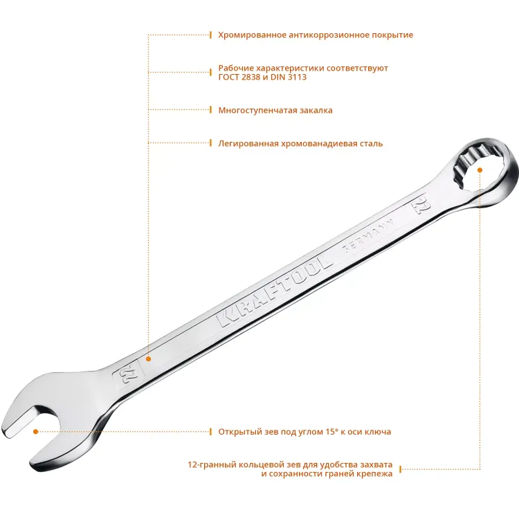 Ключи комбинированные KRAFTOOL, Cr-V, DIN 3113 27079-22 купить в Новом Уренгое