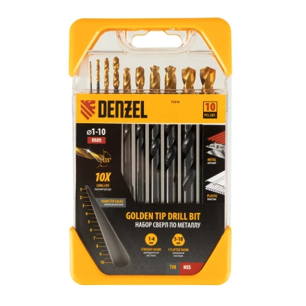 Набор сверл по металлу, 1-10 мм, HSS-Tin, Golden Tip, 10 шт Denzel 72316 купить в Новом Уренгое