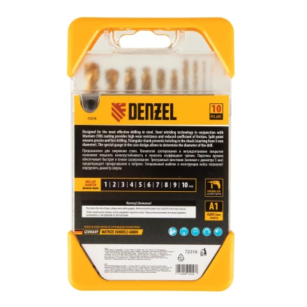 Набор сверл по металлу, 1-10 мм, HSS-Tin, Golden Tip, 10 шт Denzel 72316 купить в Новом Уренгое