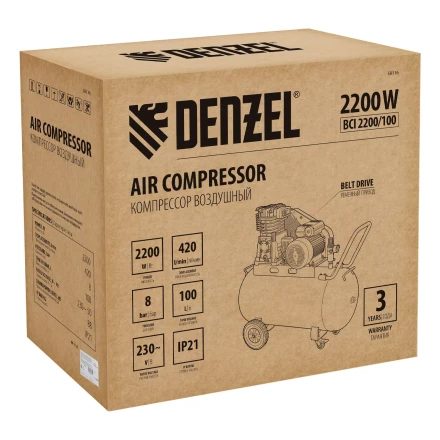 Компрессор воздушный рем. привод Denzel BCI 2200/100, 2,2 кВт, 100 литров, 420 л/мин купить в Новом Уренгое