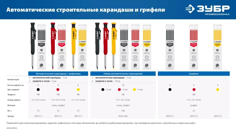 ЗУБР АСК набор: 18 сменных грифелей: 6ч + 6ж + 6к ( d 2,8 мм, HB), 3 автоматических карандаша (06312-H6) купить в Новом Уренгое