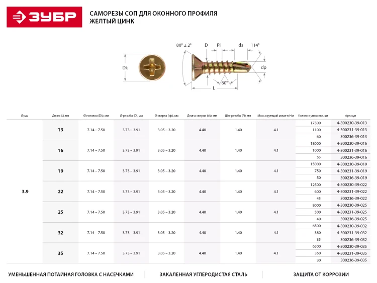 Саморезы ЗУБР "МАСТЕР" со сверлом для оконного профиля, жёлтопассивированные, 3.9x22мм, 12500шт 4-300230-39-022 купить в Новом Уренгое