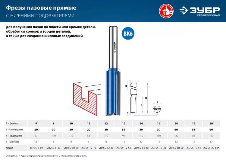 ЗУБР 20 x 60 мм, хвостовик 12 мм, фреза пазовая прямая с нижними подрезателями, Профессионал (28755-20-60) купить в Новом Уренгое