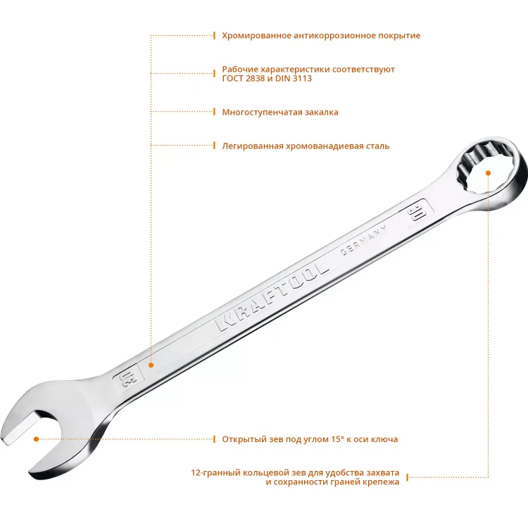 Ключ комбинированный KRAFTOOL, Cr-V, DIN 3113 27079-30 купить в Новом Уренгое