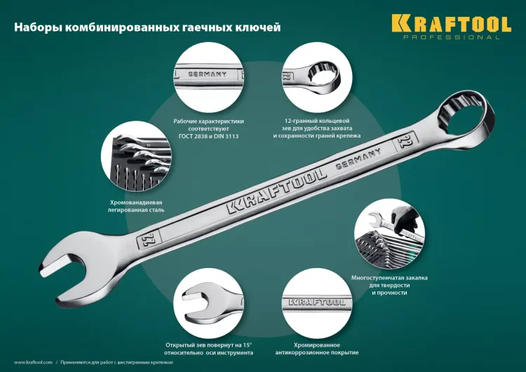 Наборы ключей комбинированных KRAFTOOL, Cr-V, DIN 3110, в EVA-ложементе 27079-H12E купить в Новом Уренгое