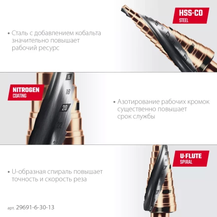 Ступенчатые сверла, сталь c кобальтом, спиральная проточка, НЕХ хвостовик 29691-6-30-13 купить в Новом Уренгое