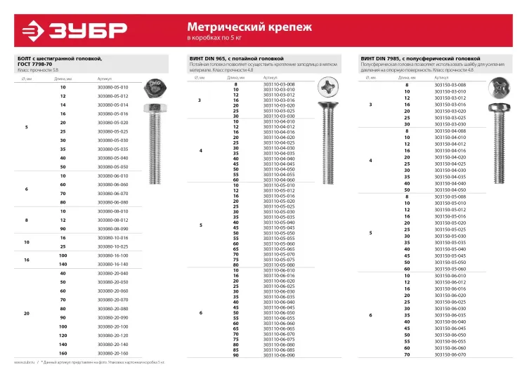 Болт ЗУБР "МАСТЕР" с шестигранной головкой, ГОСТ 7798-70, класс прочности 5.8, оцинкованный, M5x14мм, 5кг 303080-05-014 купить в Новом Уренгое