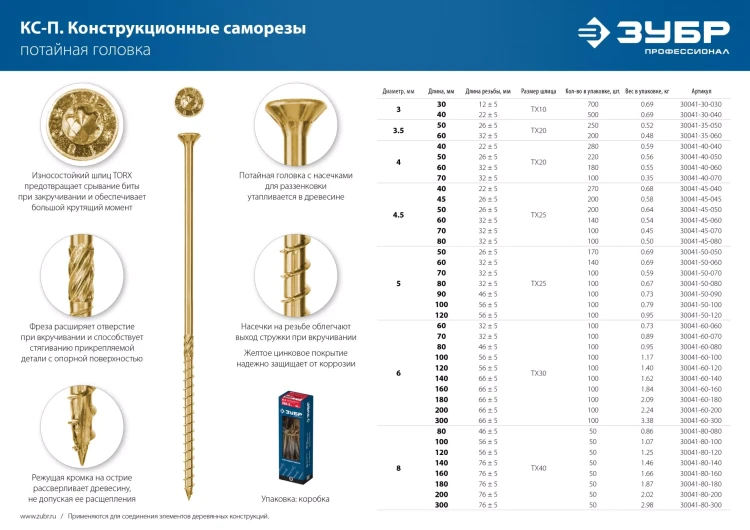 ЗУБР КС-П, 70 х 4.5 мм, TX25, потайная головка, желтый цинк, 100 шт, конструкционный саморез, Профессионал (30041-45-070) купить в Новом Уренгое