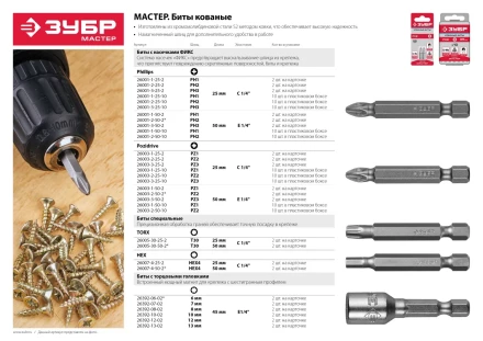 Биты ЗУБР &quot;МАСТЕР&quot; с торцовой головкой, магнитные, Cr-V, тип хвостовика E 1/4&quot;, 13х45мм, 2шт 26392-13-02 купить в Новом Уренгое