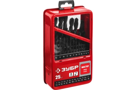 ЗУБР 25 шт, (1-13 мм), сталь Р4М2, класс В, мет.бокс, набор сверл по металлу (29605-H25) купить в Новом Уренгое