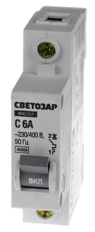 Выключатель СВЕТОЗАР автоматический, 1-полюсный, "С" (тип расцепления), 6 A, 230 / 400 В 49060-06-C купить в Новом Уренгое