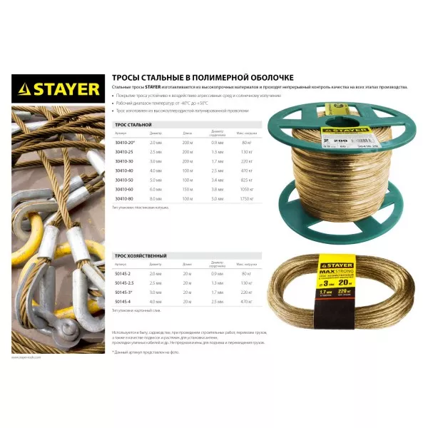 Трос стальной в полимерной оболочке, d=2,0 мм, L=200 м, STAYER Master 30410-20 30410-20 купить в Новом Уренгое
