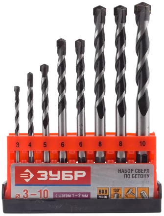 Набор сверл по бетону усиленные ЗУБР 3 шт d 6-8-10 мм трехгранный хвостовик  Профессионал 2916-H3 купить в Новом Уренгое