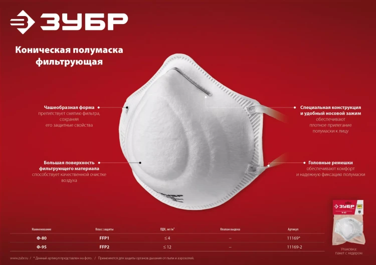 ЗУБР Ф-80, класс защиты FFP1, коническая, фильтрующая полумаска (11169) купить в Новом Уренгое