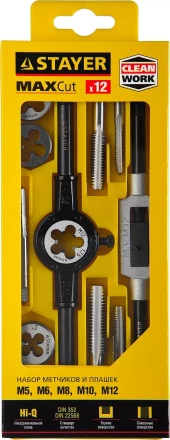 Набор метчиков и плашек STAYER &quot;MASTER&quot;, метчикодержатель 1шт, плашкодержатель 1шт, метчики 5шт, плашки 5шт, 12 предметов 28012-H12_z01 купить в Новом Уренгое