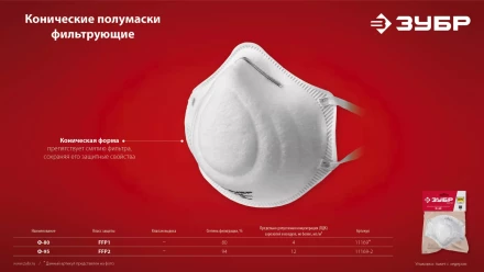 ЗУБР Ф-95, класс защиты FFP2, коническая, фильтрующая полумаска (11169-2) купить в Новом Уренгое