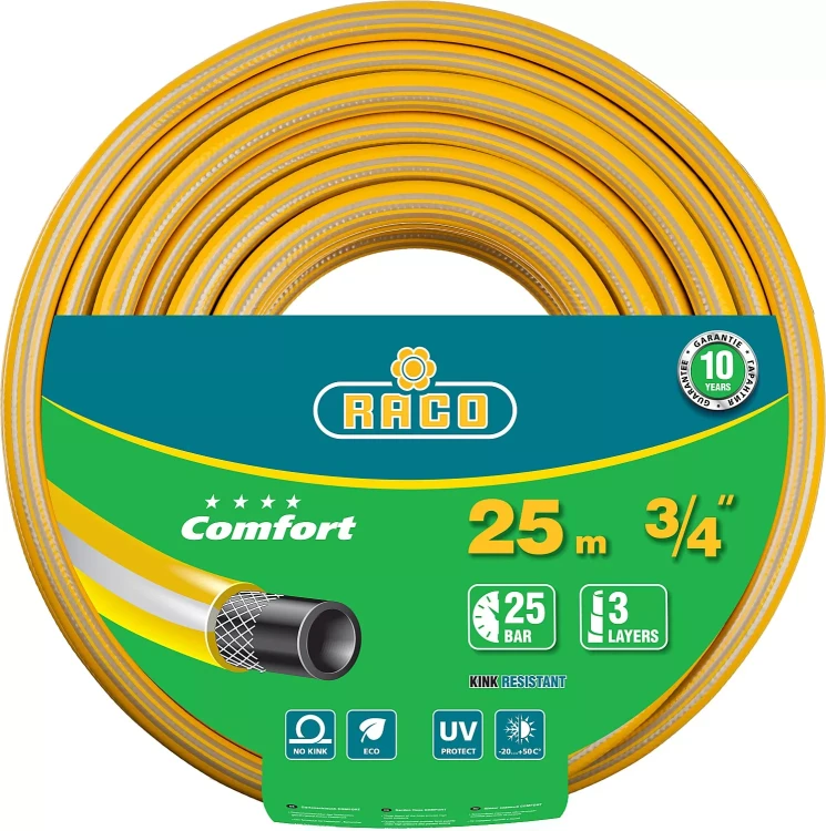 Шланг RACO "COMFORT" поливочный, 30атм., армированный, 3-х слойный, 3/4"х25м 40303-3/4-25 купить в Новом Уренгое