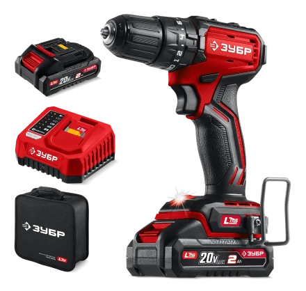 ЗУБР 20 В, 45 Нм, 2 АКБ LMS (2 Ач), бесщеточная ударная дрель-шуруповерт, сумка (ДБУ-45-22) купить в Новом Уренгое