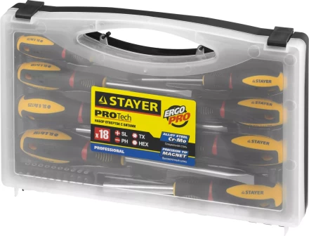 Набор STAYER &quot;PROFESSIONAL&quot; &quot;PROTech&quot;: Отвертки, Cr-Mo, двухком рукоят, отвертки 7шт, отвертка-битодержатель, биты 10шт 25133-H8_z02 купить в Новом Уренгое