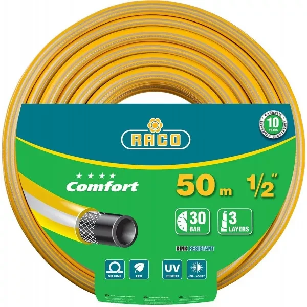 Шланг RACO "COMFORT" поливочный, 30атм., армированный, 3-х слойный, 1/2"х50м 40303-1/2-50 купить в Новом Уренгое