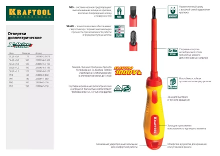 Отвертка KRAFTOOL, высоковольтная, Cr-Mo-V стержень, двухкомпонент. маслобензостойкая рукоятка, PH №1, 80мм 250084-1-080 купить в Новом Уренгое