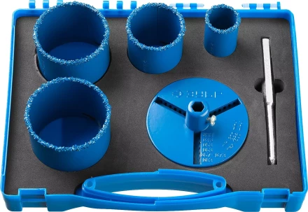 Набор кольцевых коронок ЗУБР &quot;ПРОФЕССИОНАЛ&quot; c карбид-вольфрамовым нанесением, 6 предм. в кейсе: коронки O 33, 53, 67, 73 мм, основание, сверло 33350-H6_z01 купить в Новом Уренгое