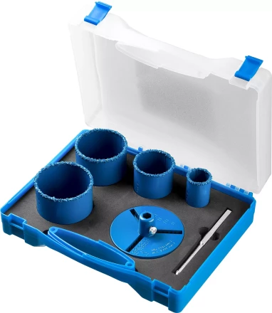 Набор кольцевых коронок ЗУБР &quot;ПРОФЕССИОНАЛ&quot; c карбид-вольфрамовым нанесением, 6 предм. в кейсе: коронки O 33, 53, 67, 73 мм, основание, сверло 33350-H6_z01 купить в Новом Уренгое