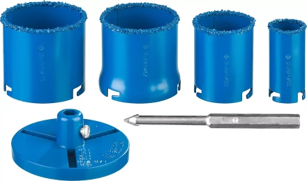 Набор кольцевых коронок ЗУБР &quot;ПРОФЕССИОНАЛ&quot; c карбид-вольфрамовым нанесением, 6 предм. в кейсе: коронки O 33, 53, 67, 73 мм, основание, сверло 33350-H6_z01 купить в Новом Уренгое