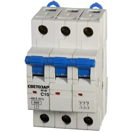 Выключатель автоматический СВЕТОЗАР 3-полюсный, 10 A, &quot;C&quot;, откл. сп. 6 кА, 400 В SV-49063-10-C купить в Новом Уренгое