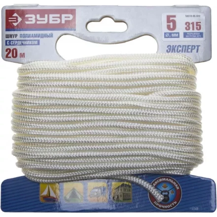 Шнур ЗУБР полиамидный, плетеный, повышенной нагрузки, с сердечником, белый, d 5, 20м 50310-05-020 купить в Новом Уренгое