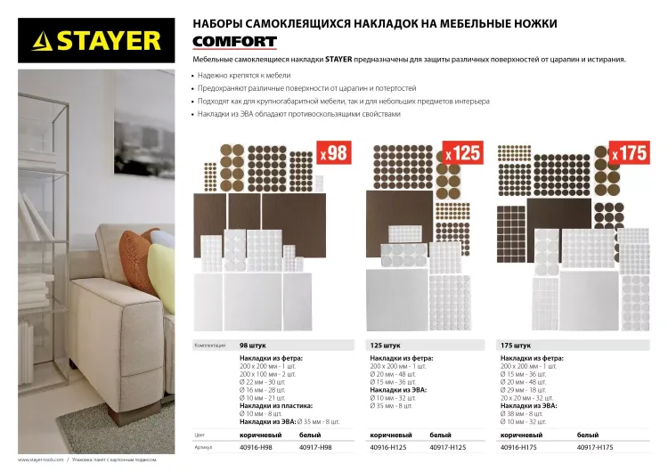 Набор STAYER "COMFORT": Накладки самоклеящиеся на мебельные ножки, 175 шт, белые 40917-H175 купить в Новом Уренгое