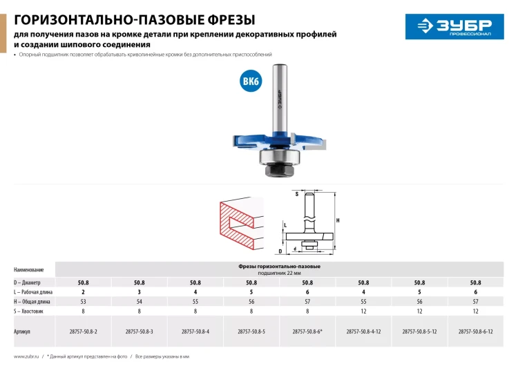 ЗУБР 50.8 x 6 мм, хвостовик 12 мм, фреза горизонтально-пазовая, Профессионал (28757-50.8-6-12) купить в Новом Уренгое