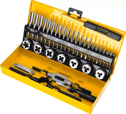 Набор метчиков и плашек STAYER &quot;MASTER&quot;, плашки 7шт, метчики компл. 21шт, метчикодерж. 1шт, плашкодерж. 1шт, резьбомер 1шт, отвертка 1шт, 32 предмета 28014-H32 купить в Новом Уренгое