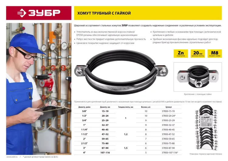 Хомут трубный с гайкой, оцинкованный, 2", 7шт, ЗУБР Мастер 37850-59-65 37850-59-65 купить в Новом Уренгое