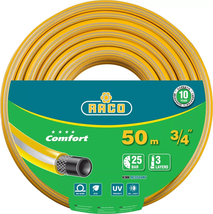 Шланг RACO COMFORT поливочный, 25атм., армированный, 3-х слойный, 3/4"х50м 40303-3/4-50_z01 купить в Новом Уренгое