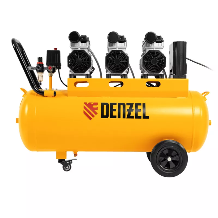 Компрессор безмасляный, малошумный  DLS 2250/100, 2250 Вт, 3x750, 100 л, 410 л/мин блок управления/ Denzel 58029 купить в Новом Уренгое