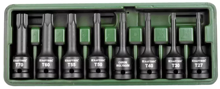 Торцовые головки KRAFTOOL "INDUSTRIE QUALITAT" ударные в наборе, (1/2"), Cr-Mo, фосфат., TORX, T27-T70, 8 шт. 27952-H8 купить в Новом Уренгое