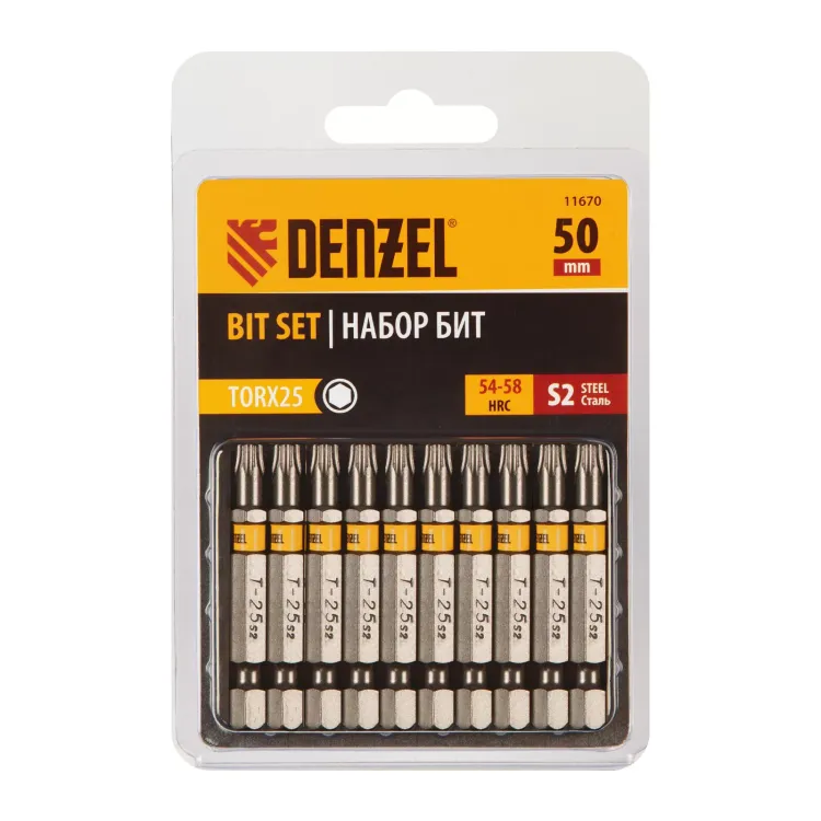 Бита TX 25х50, сталь S2, шестигранный профиль, 10 шт. Е 6,3 Denzel 11670 купить в Новом Уренгое