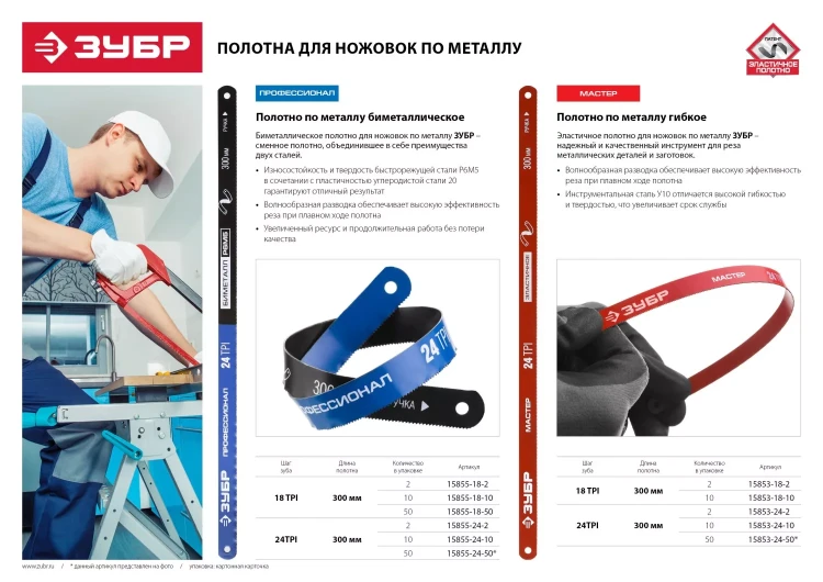 Полотно ЗУБР "ПРОФЕССИОНАЛ" по металлу, биметаллическое 24TPI, шаг 1мм, 300мм, 10шт 15855-24-10 купить в Новом Уренгое