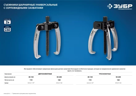 ЗУБР d 50 - 200 мм, шарнирный двухзахватный съемник с серповидными захватами, Профессионал (43322-160) купить в Новом Уренгое